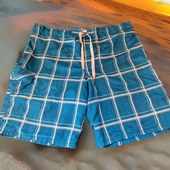 OP Men's Teal/White Checkered Swim Trunks Size XL 40-42 - Picture 1 of 6